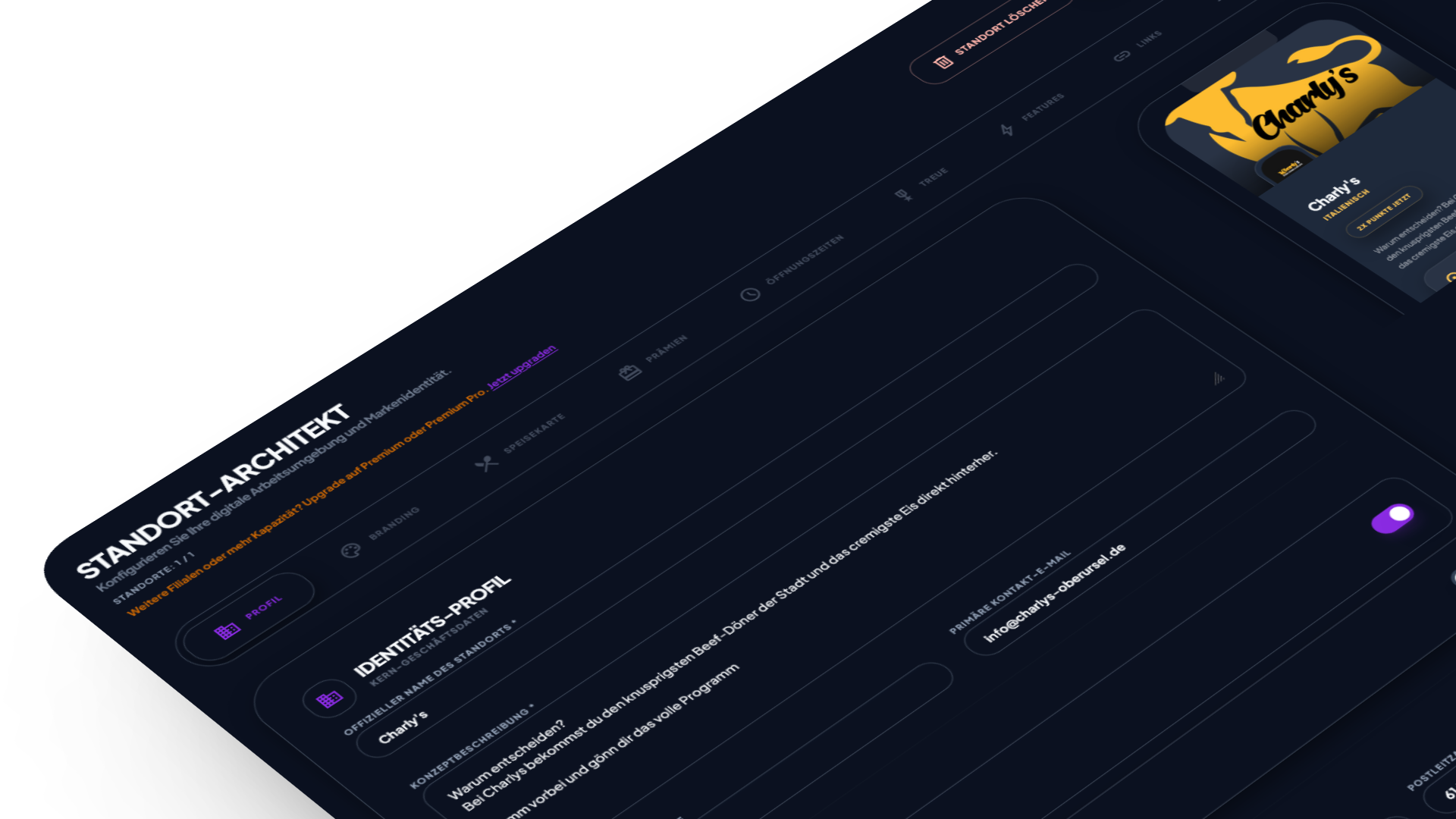 Standort-Architekt: Identitäts-Profil mit Kern-Geschäftsdaten und Live-Vorschau im Bountino-Dashboard
